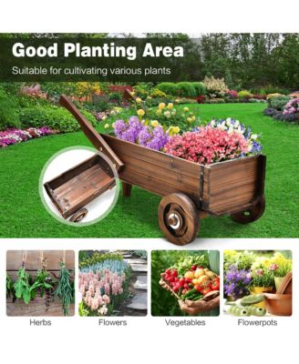 Decorative Wagon Cart Plant Flower Pot Stand Wooden Raised Garden Planter Box