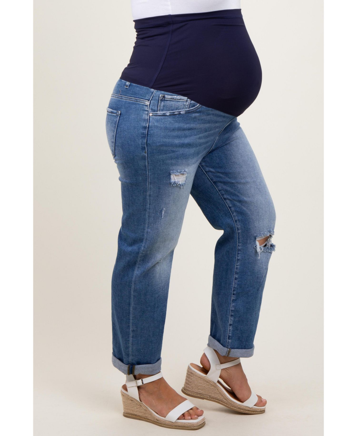 Women's Maternity Rolled Hem Distressed Straight Leg Plus Jeans