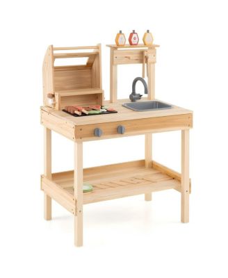 Wooden Kids Barbecue Grill Playset with Play Food and Open Shelves