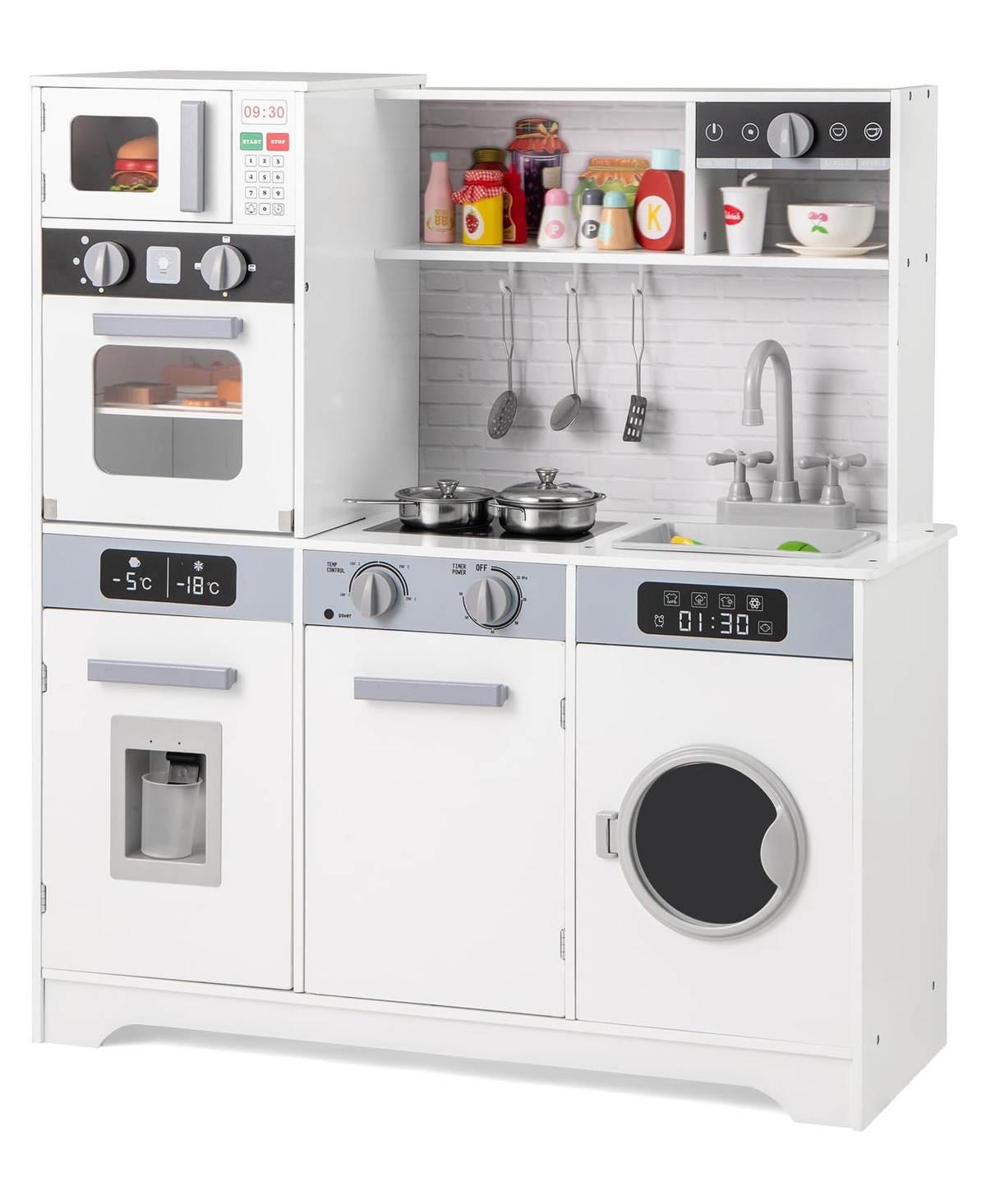 Mecale Pretend Play Kitchen Wooden Toy Set Kitchen Accessory Playset with Real Lights Sounds