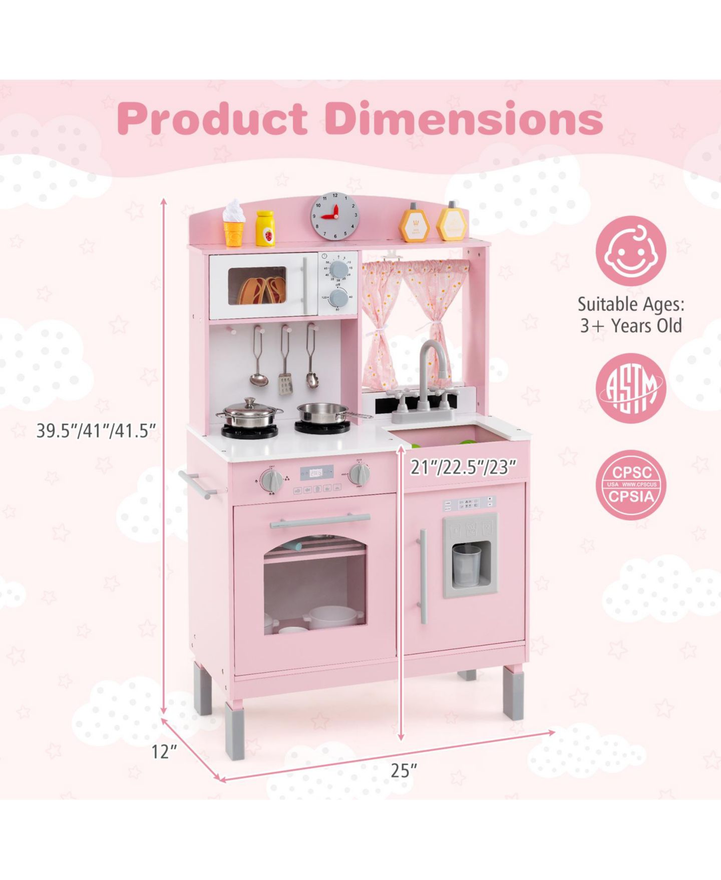 Детская игрушка Mecale Wooden Chef Height-Adjustable Play Kitchen, Ages 3+, цвет: Розовый — фото 3