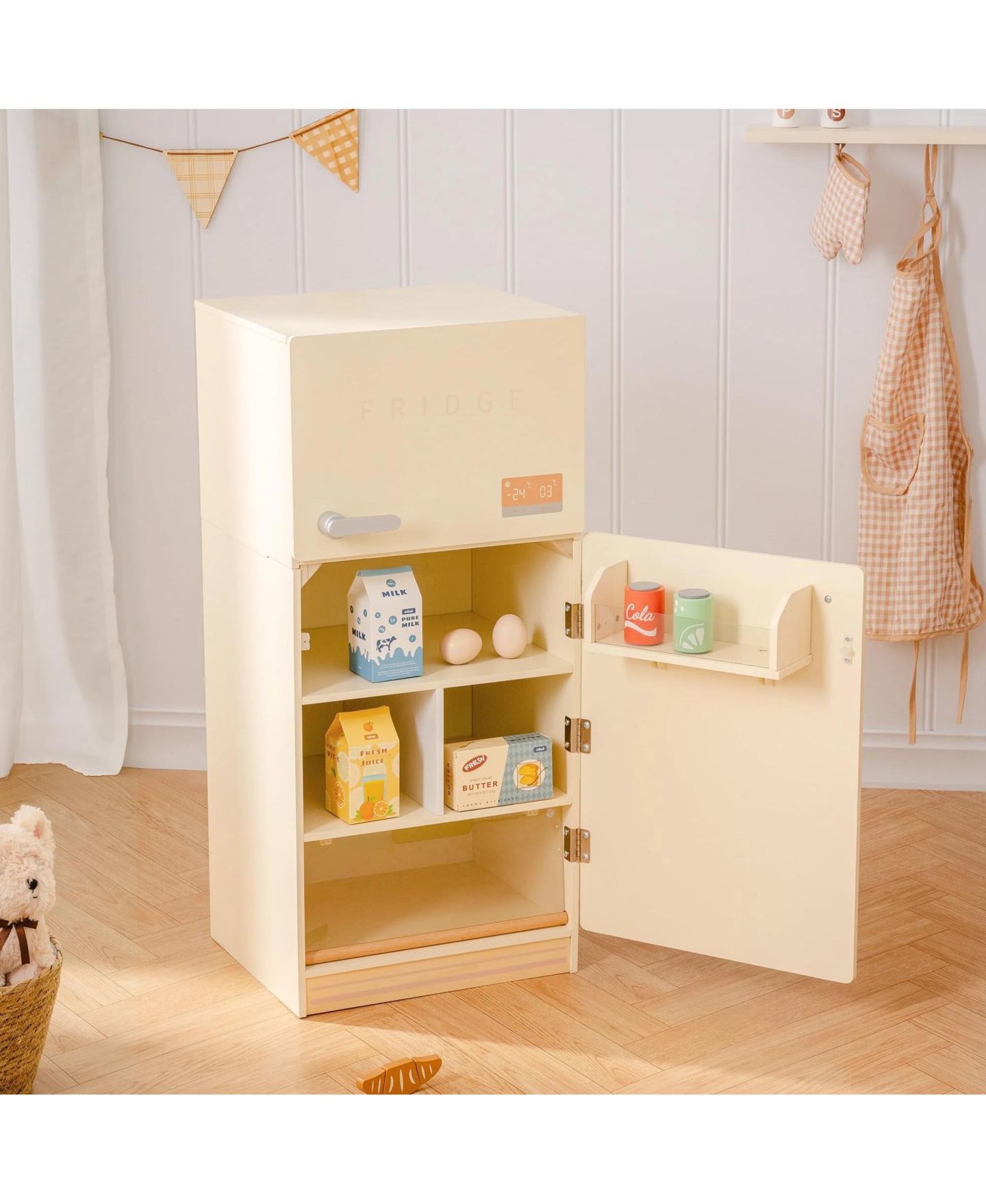 Детские игрушки Robotime Play Kitchen for Toddlers, Fridge Refrigerator Wooden Toy Set with Accessories, Playset Interactive Gift for Ages 3+, цвет: Белый — фото 2