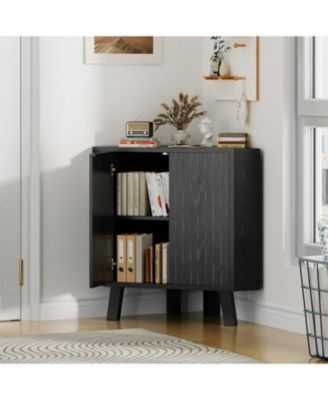 industrial 3 tier wooden corner cabinet with adjustable shelves and doors—freestanding triangle design for space saving living room storage.