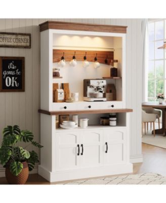 Coffee Bar Cabinet with LED Light, 72 in Tall Farmhouse Coffee Bar Hutch with Storage, Sideboard Buffet Cabinet with Microwave Stand