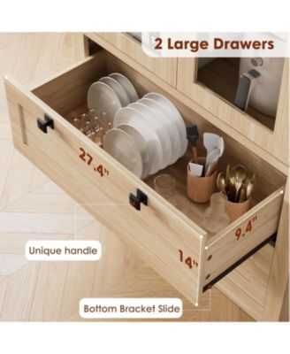 Tall Kitchen Pantry Cabinet - Modern Display Storage Cabinet with 2 Large Drawers, Glass Doors, and Adjustable Shelves