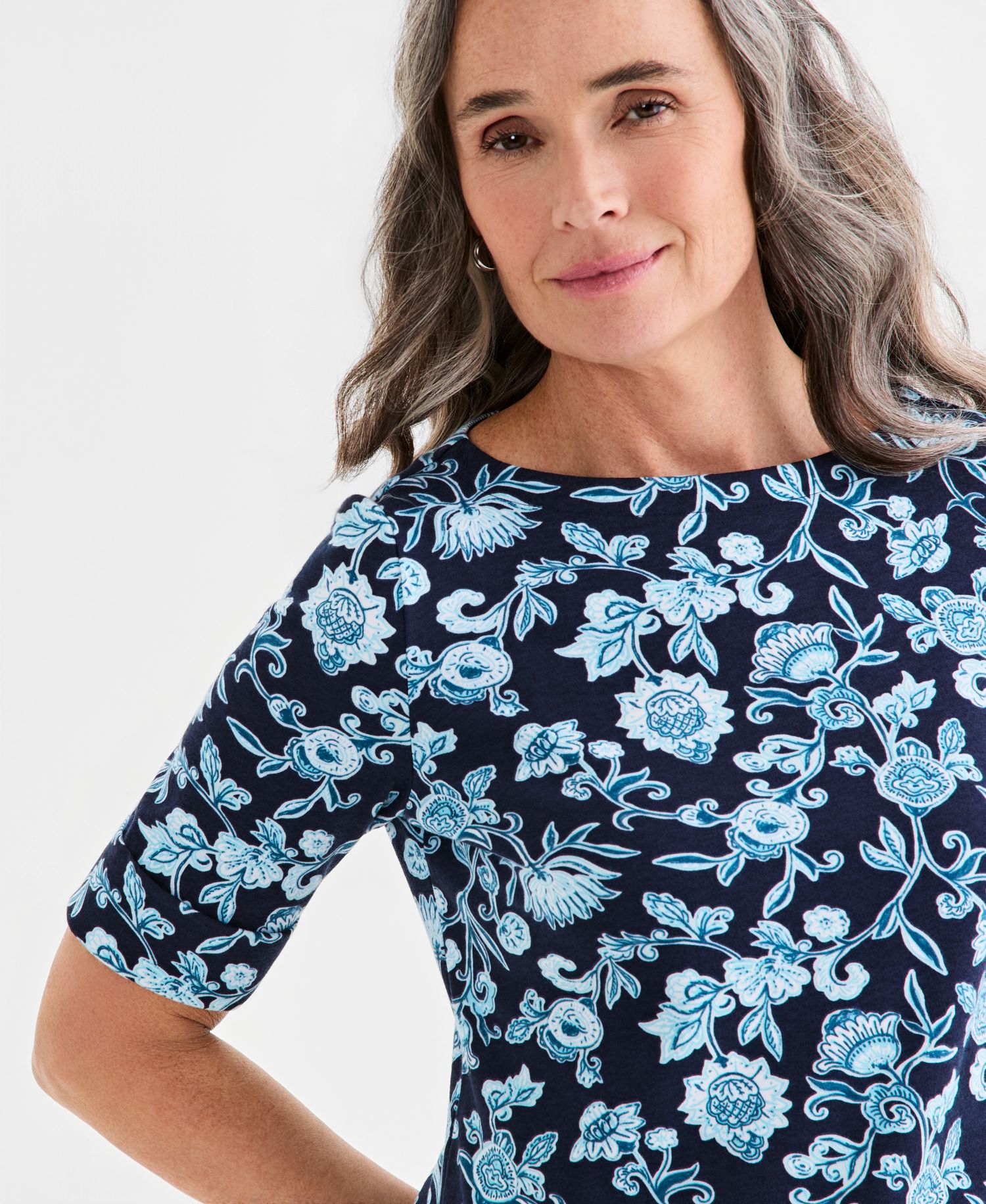 Petite Elbow-Sleeve Fresh Paisley Print Boat Neck Top