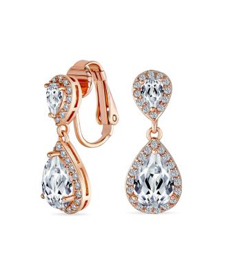 Classic Cocktail Pave Halo Cubic Zirconia CZ Double Solitaire Teardrop Dangle Earrings