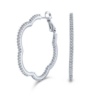 Flower Shaped Inside Out Pave CZ Clover Hoop Earrings Silver Plated 1.5 Inch
