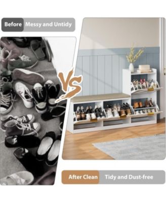 Farmhouse Freestanding Shoe Cabinet with Cushioned Bench and 4 Flip Drawers