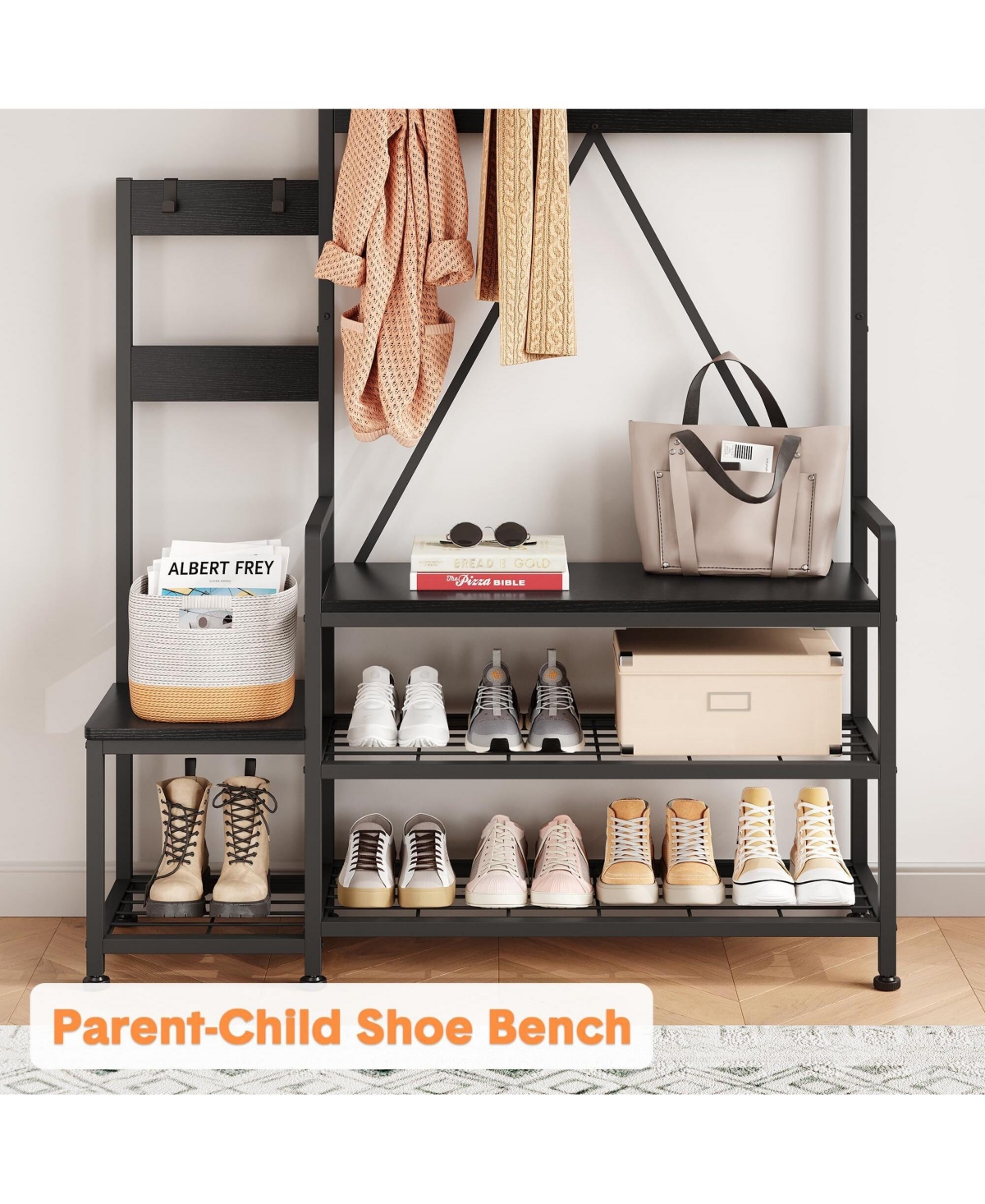gaomon Solid Wood Parent-Child Hall Tree Coat Rack with Bench and Shoe Storage