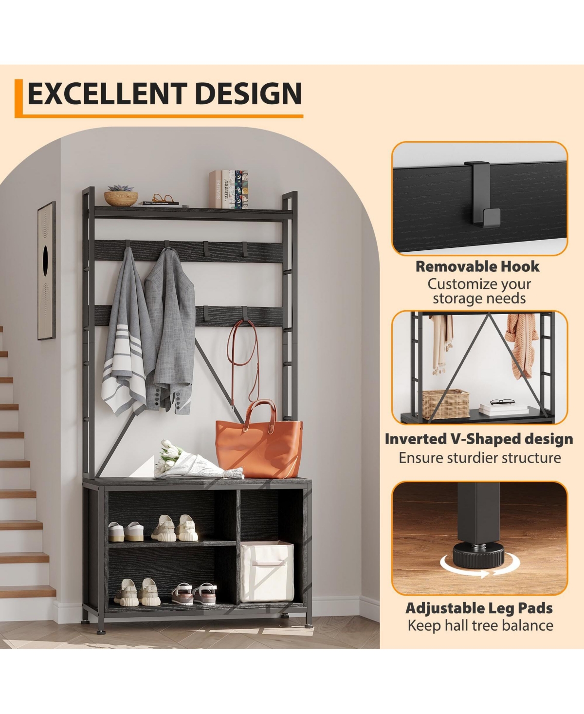 gaomon Freestanding Hall Tree with Coat Rack, Bench and Shoe Storage