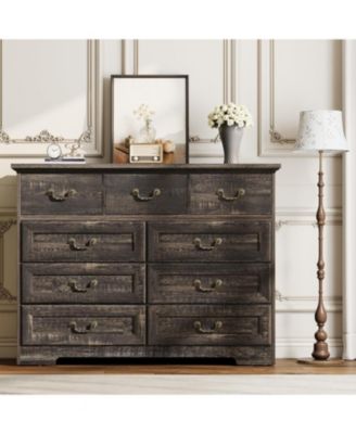 9-Drawer Vintage Wood Dresser, 47" Wide Storage Chest with Metal Pulls & Dual-Size Drawers for Bedroom, Hallway