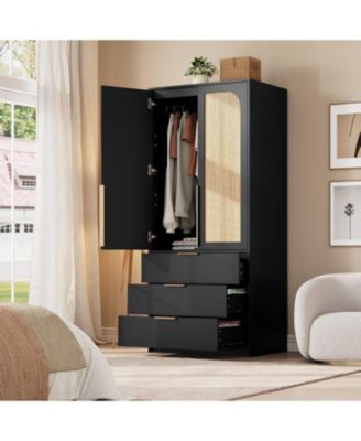 Armoire Wardrobe Closet with 3 Drawers & 2 Doors, Modern Wooden Wardrobe Cabinets for Hanging Clothes, Tall Standing Bedroom