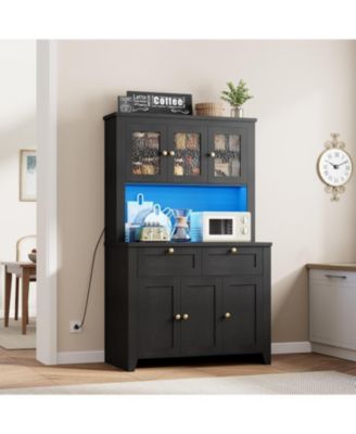 66" Tall Kitchen Pantry Cabinet, Modern Kitchen Hutch with Charging Station, Large Coffee Bar Storage Cabinet with Glass Doors and Drawers