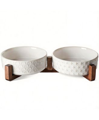 Ceramic Dog Bowl Set with Wood Stand Dual Food Water Weighted Non-Slip Base