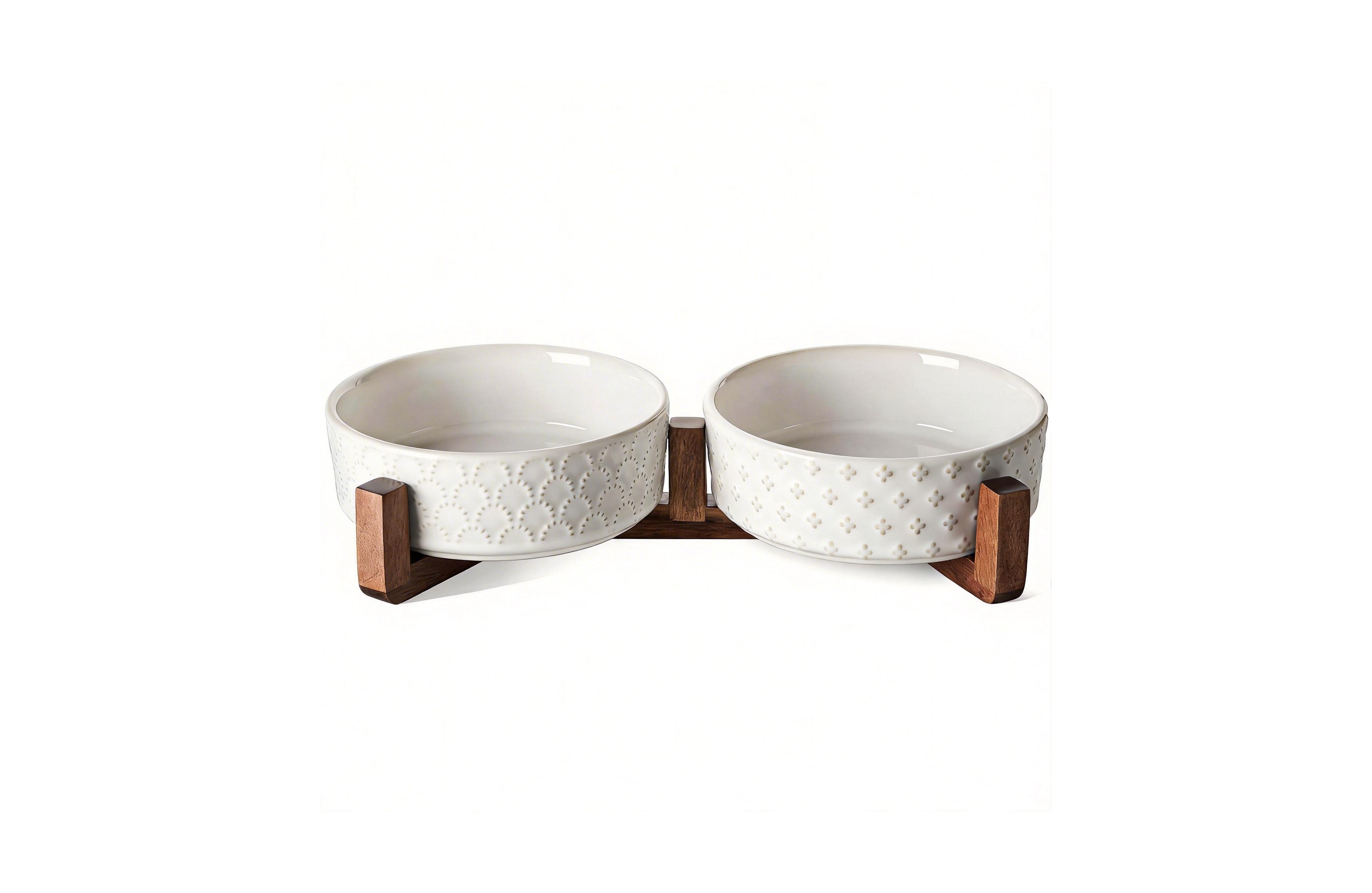 Aronkl Ceramic Dog Bowl Set with Wood Stand Dual Food Water Weighted Non-Slip Base