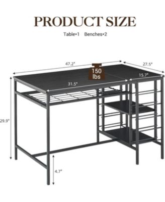 Dining Table Set for 4, Compact 3-Piece Kitchen Table with 2 Benches, Wine Rack, Storage Shelf