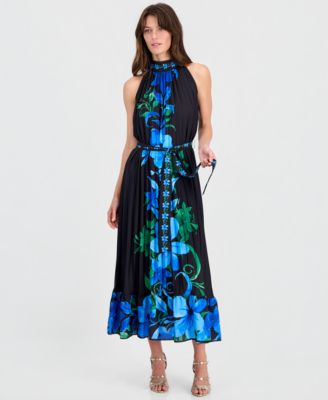 slim fit dress slacks Tahari ASL Crossed Neck Sleeveless Tie Waist Zipper Back Multi Print Jersey Dress Blue Multi / 8 main image 1
