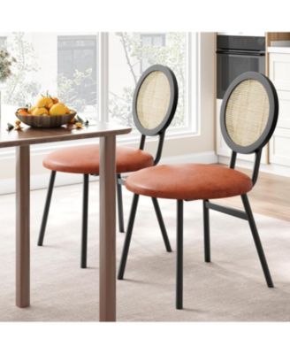 Set of 2 Rattan Dining Chairs, Modern Upholstered Kitchen Chairs with Solid Metal Legs, Thick Cushions, for Small Spaces