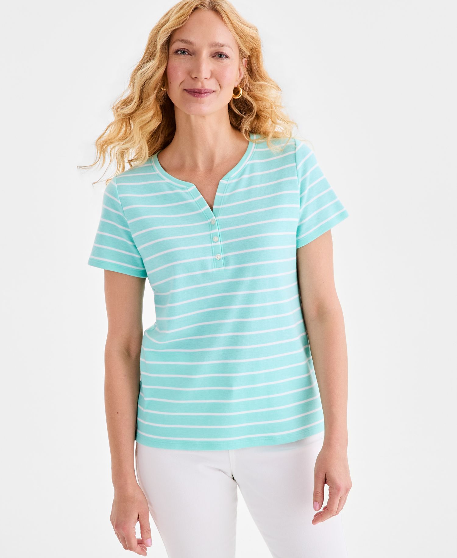 Petite Henley Neck Clover Stripe Top