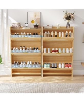 Rattan Shoe Storage Cabinet Flip Drawers, Free Standing Narrow Shoe Organizer Cabinet with Rattan Doors, Wooden Shoe Rackf