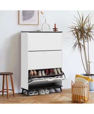 Narrow Rattan-Style Shoe Cabinet  Flip Drawers and Adjustable Shelf