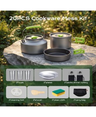 20 Piece Camping Cookware Mess Kit with Kettle Pots Pan Plates Cups and Cutlery for 1 to 2 People