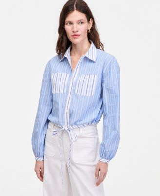 Women's Stripe Tie-Hem Long Sleeve Cropped Shirt