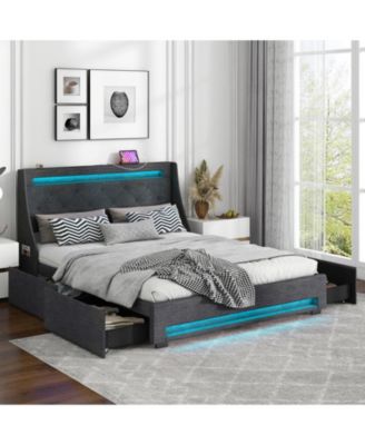 Queen Size Upholstered Platform Bed Frame with LED Lights and Charging Station
