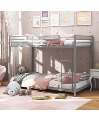 Twin Over Twin Low Metal Bunk Bed with Ladder Guardrails for Teens Adults