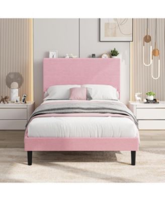 Twin Size Bed Frame with USB Charging Station, Corduroy Upholstered Platform Bed Frame with Adjustable Storage Headboard, Wooden Slats Support