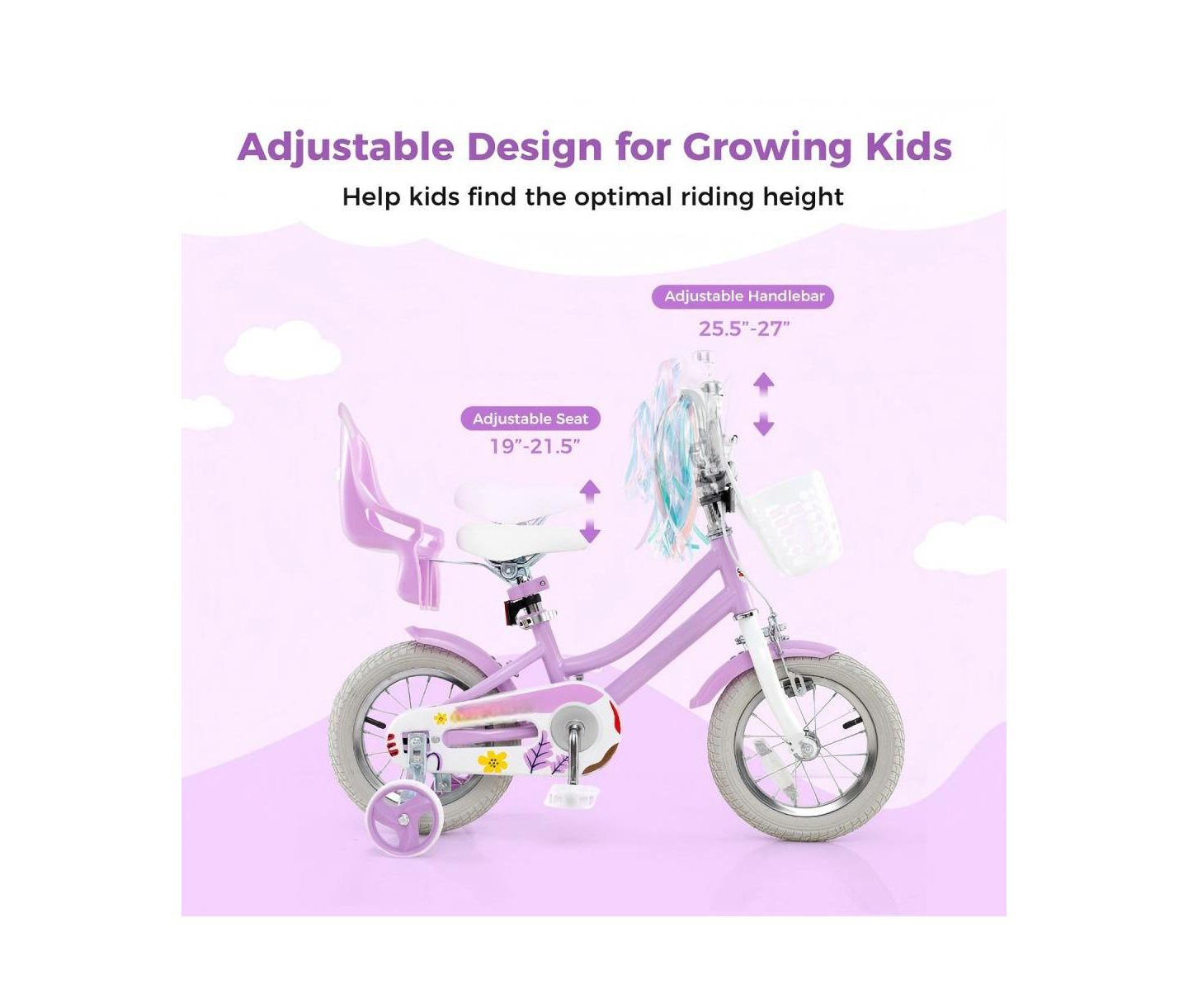 Детская игрушка HONGGE 12-Inch Bike with Doll Seat, Ages 3-8, цвет: Фиолетовый — фото 5