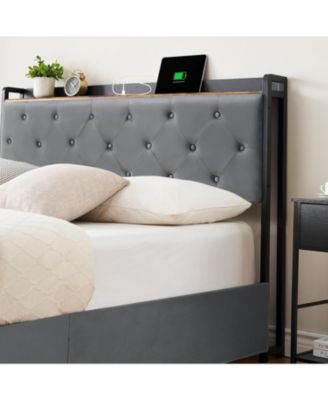 Size Velvet Upholstered Platform Bed Frame with 4 Storage Drawers & USB/AC Charging Station & No Box Spring Needed