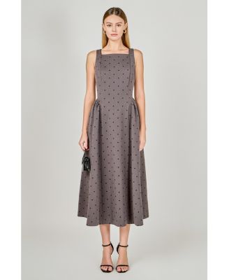 Women's Square Neck Polka Dot Gathered Waist Midi Dress