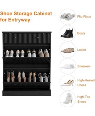 Fluted Shoe Cabinet with 2 Flip Drawers and 1 Top Drawer Narrow Wooden Cabinet with Adjustable Shelves Freestanding Shoe Organizer