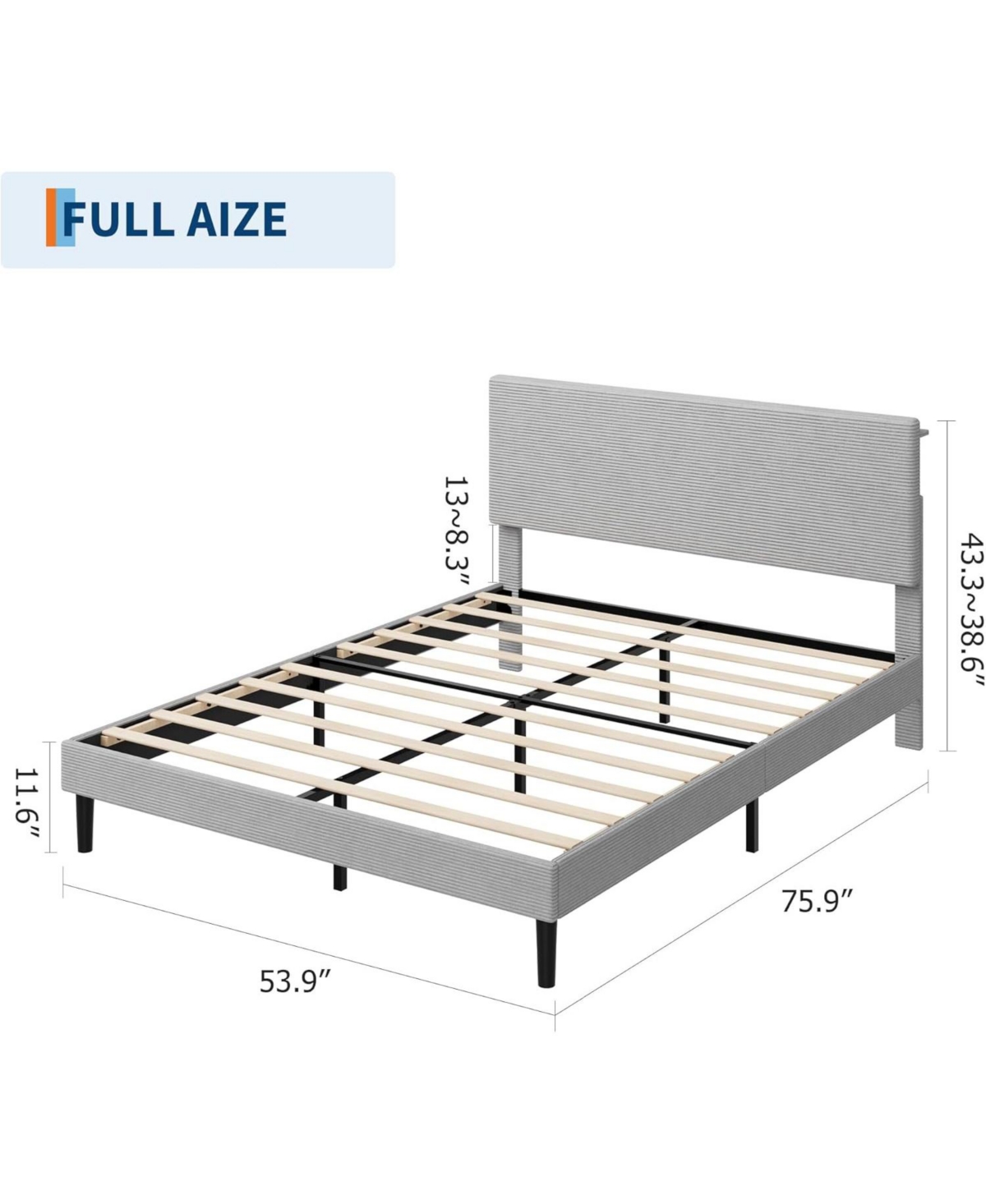 gaomon Bed Frame with Usb Charging Station, Corduroy Upholstered Platform Bed Frame with Adjustable Storage Headboard