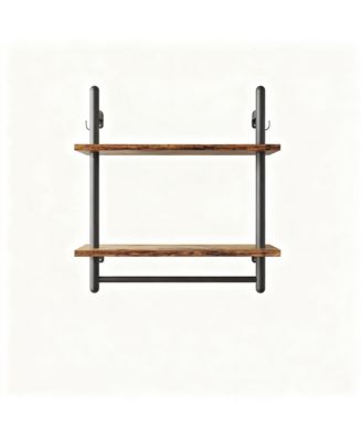24" Floating Wall Shelves 2 Tier Industrial Coffee Bar With 8 Hooks Towel Bar