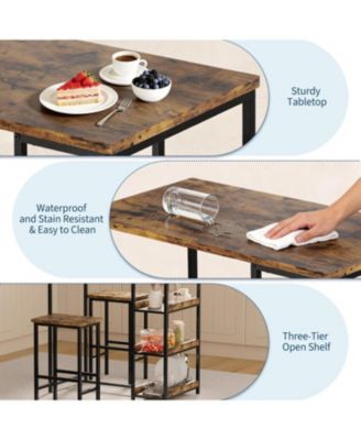 Counter Height Dining Table Set with Storage & 2 Bar Stools, 3-Piece Wooden Kitchen Table for Small Spaces