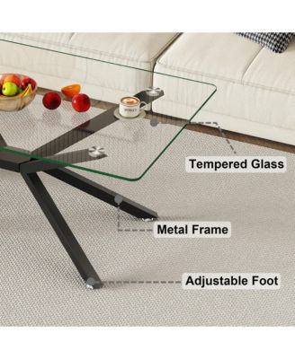 Rectangular Clear Tempered Glass Coffee Table with Adjustable Feet and Metal Legs for Living Room