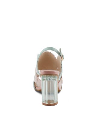 Women's Embroidery Pumps and Heels - Geometric Design, Adjustable Ankle Strap, Transparent Cylindrical Heel