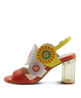Women's Embroidery Pumps and Heels - Geometric Design, Adjustable Ankle Strap, Transparent Cylindrical Heel