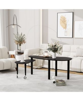 Rotatable Coffee Table, Nesting Coffee Tables with Swivel Function, Modern Wood Oval Center Table for Living Room