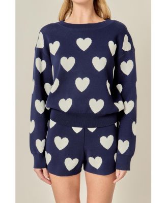 Women's Heart Patterned Crew Neck Sweater