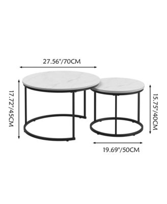 Nesting Coffee Table Set of 2, 27.6" Round Center Table, Wood Marble Pattern Top with Sturdy Metal Frame for Living Room