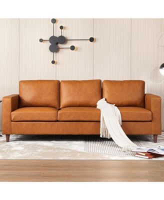 83" Mid-Century Modern PU Leather Sofa, 3-Seater Couch with Tapered Legs, Deep Seat, Comfy Cushions, for Living Room, Bedroom