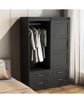 Tall Bedroom Armoire Wardrobe Closet with Hanging Rod Barn Door Drawers and Open Shelves Clothing Storage Cabinet