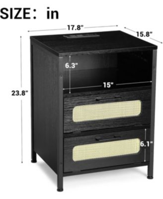 Nightstand with LED Lighting Charging End Table with 2 USB Ports and 2 Outlets Bedroom Night Stand with 2 Rattan Decorated Drawers , Open Shelf