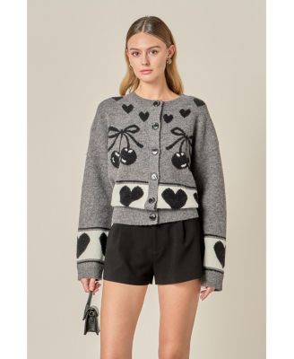 Women's Knit Cardigan with Cherry Heart Pattern
