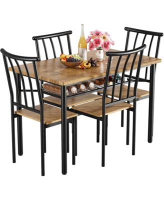5-Piece Rustic Wood and Metal Rectangular Dining Table Set with Storage Rack