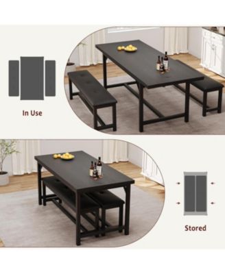 3-Piece 63" Extendable Rectangular Dining Table Set with Metal Frame and 2 Benches